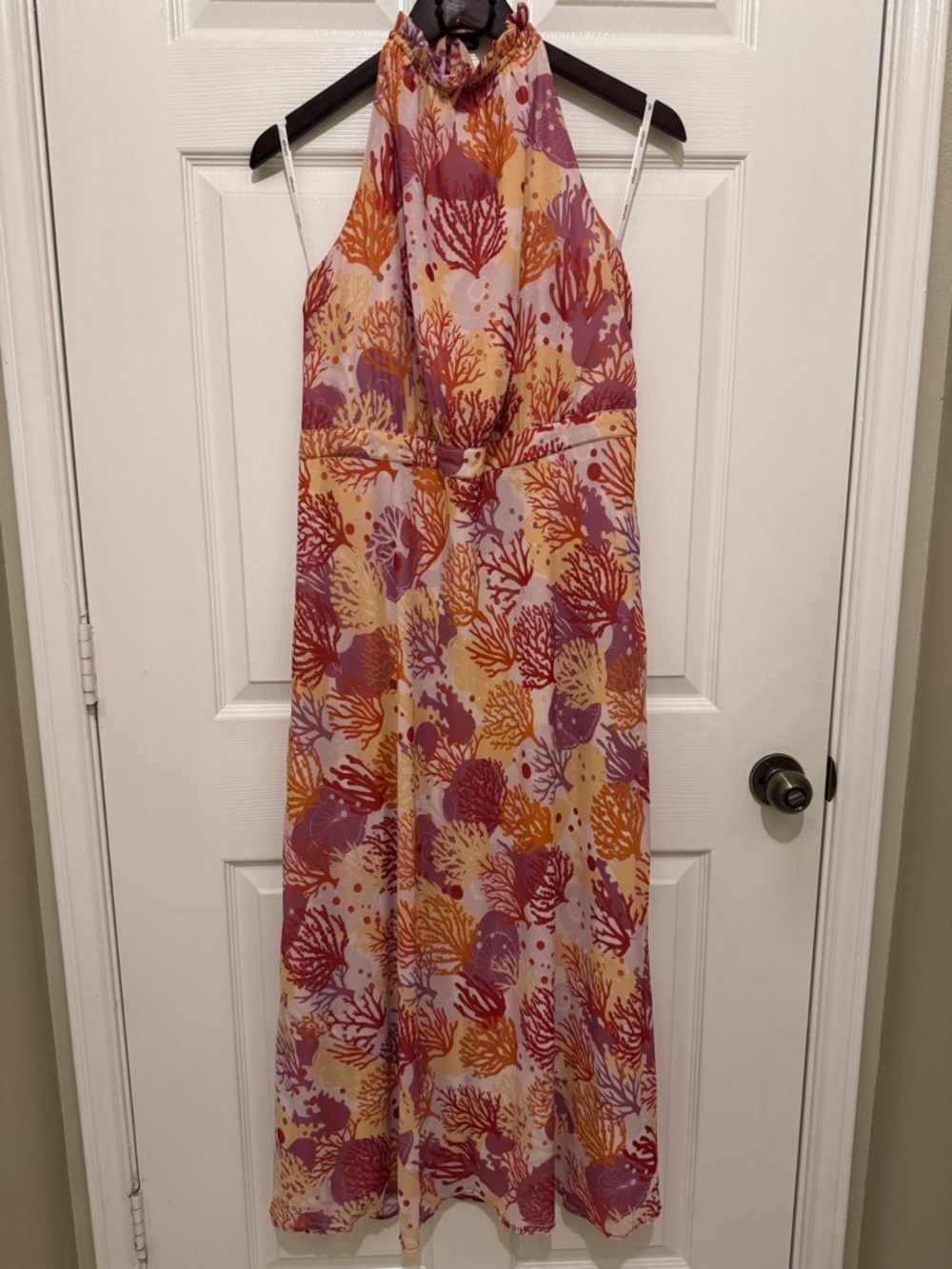 eShakti Coral & Sea‑Fan Print Halter Dress | Ruffle Neck | 1X / 18W